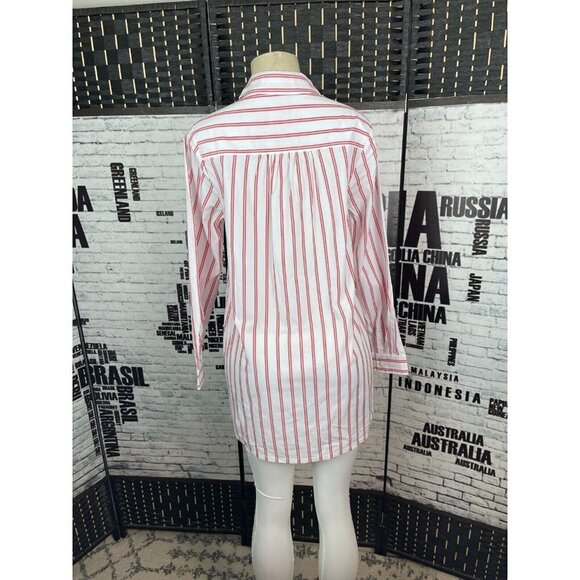 Roaman's 12W White-Red Double Vertical Striped Button Collar Long Sleeve Shirt - Picture 2 of 5